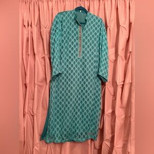 Ladies Tunic kurta Pakistani Indian L large aqua blue green teal rhinestones